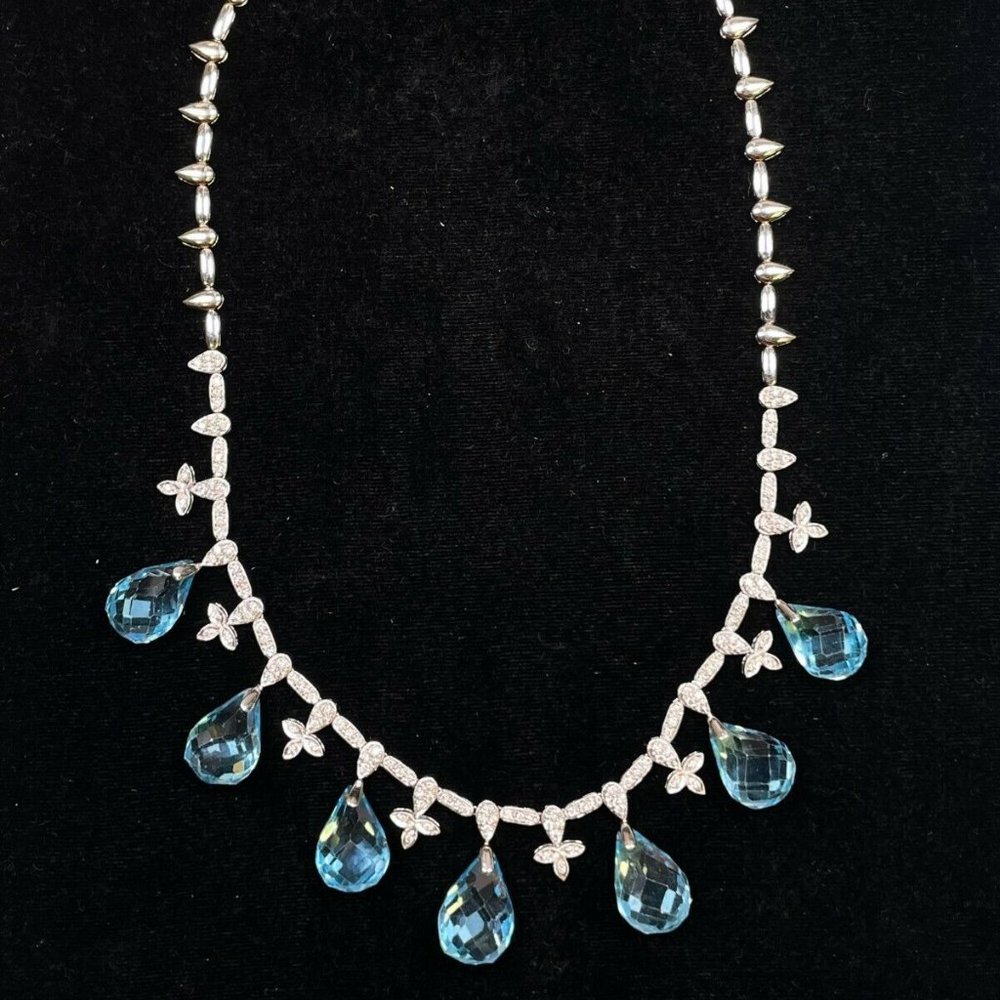 14K White Gold Diamond Blue Topaz Dangle 17" Swiss Necklace 42.9g (R039)